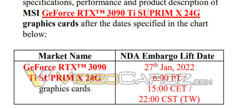 Утечка документов подтверждает, что MSI GeForce RTX 3090 Ti SUPRIM X выйдет 27 января
