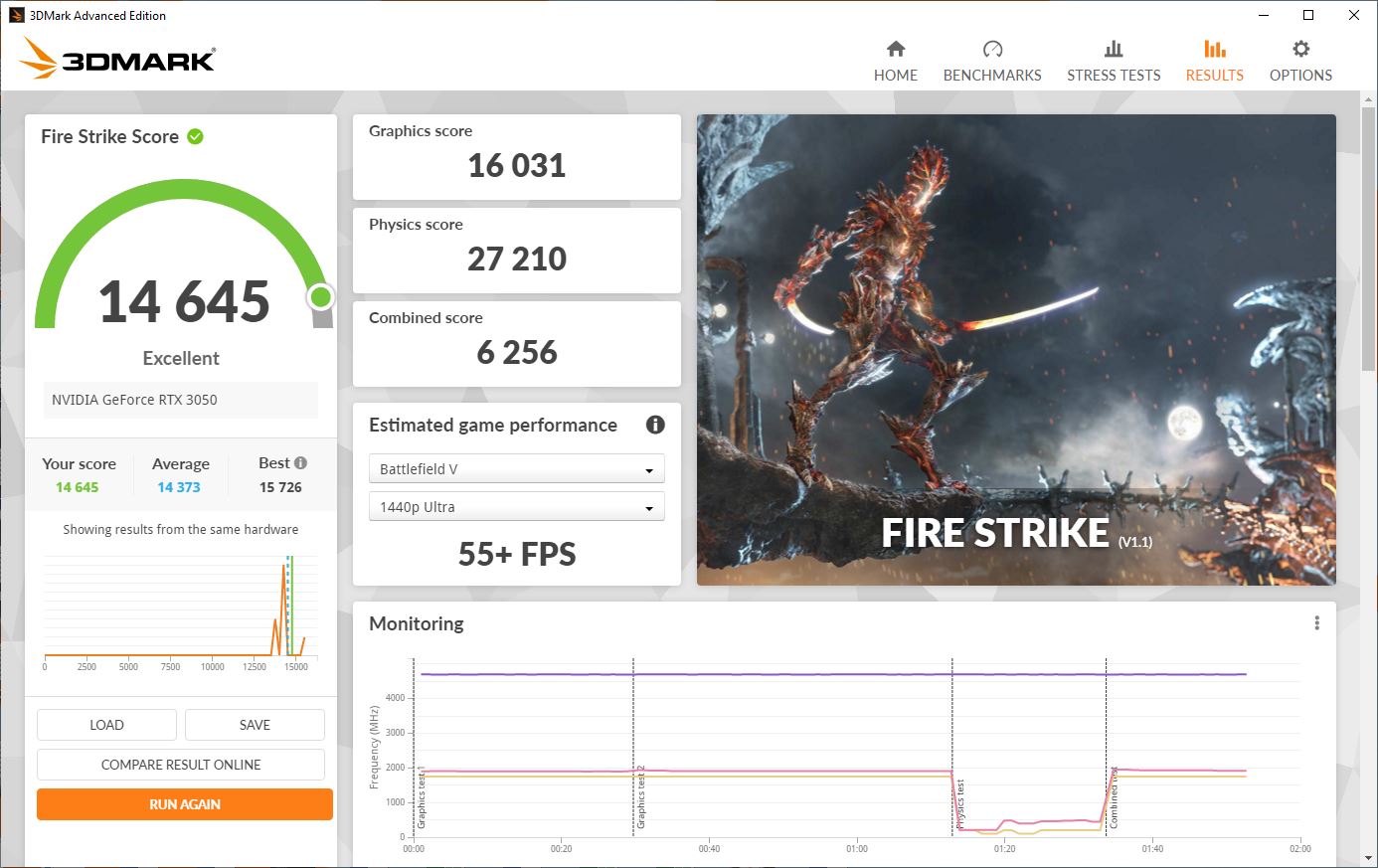 Результаты Palit GeForce RTX 3050 StormX на стандартных частотах.