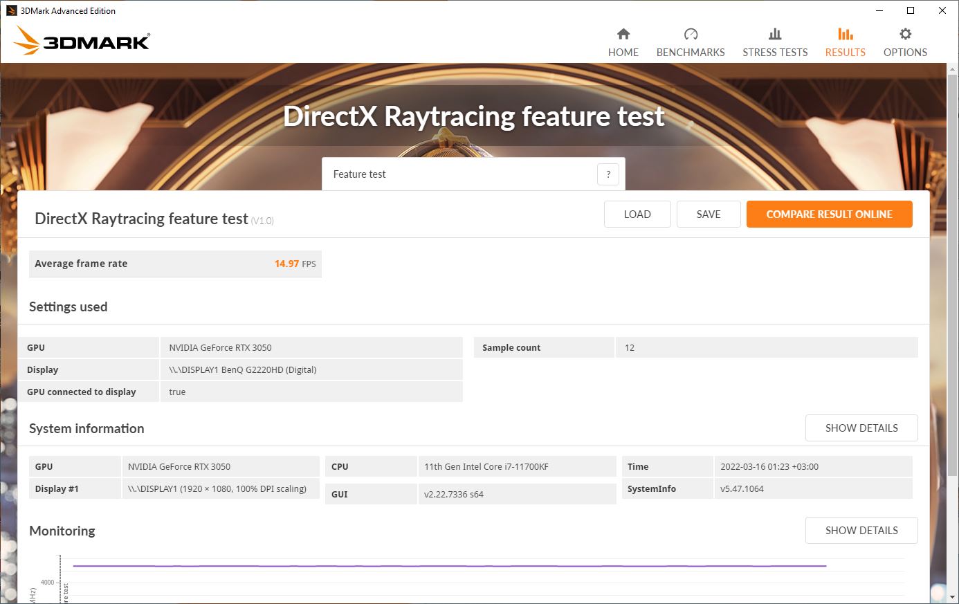 Результаты Palit GeForce RTX 3050 StormX на увеличенных частотах.