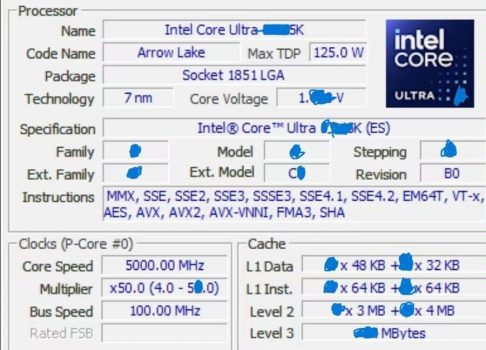 Intel Core Ultra 9 285K "Arrow Lake" - скриншот CPU-Z подтверждает использование 7-нанометрового техпроцесса Intel 4