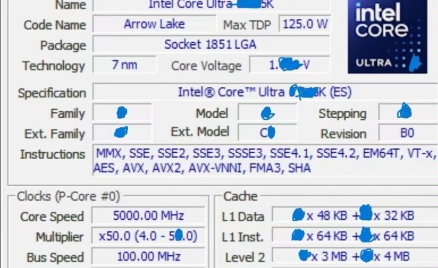 Intel Core Ultra 9 285K "Arrow Lake" - скриншот CPU-Z подтверждает использование 7-нанометрового техпроцесса Intel 4
