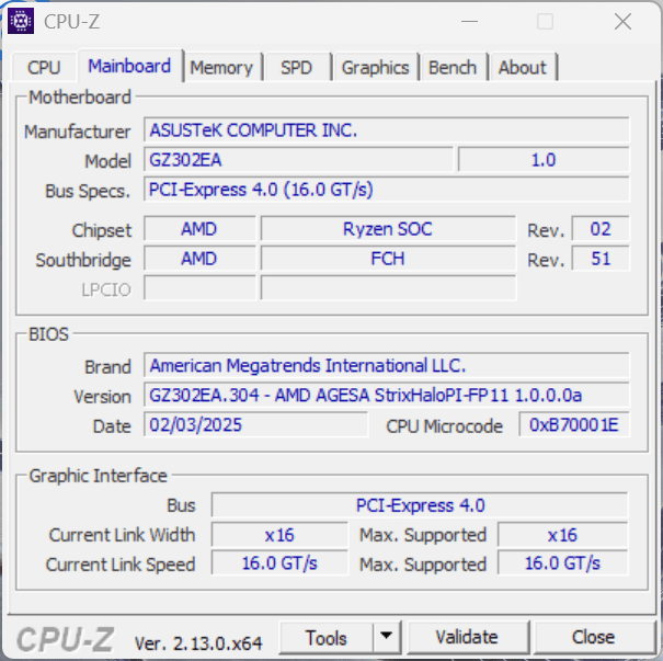 Данные о материнской плате и версии BIOS игрового планшета ASUS