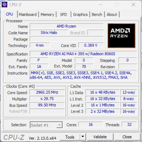 Информация о процессоре AMD Ryzen AI Max+ 395 в программе CPU-Z