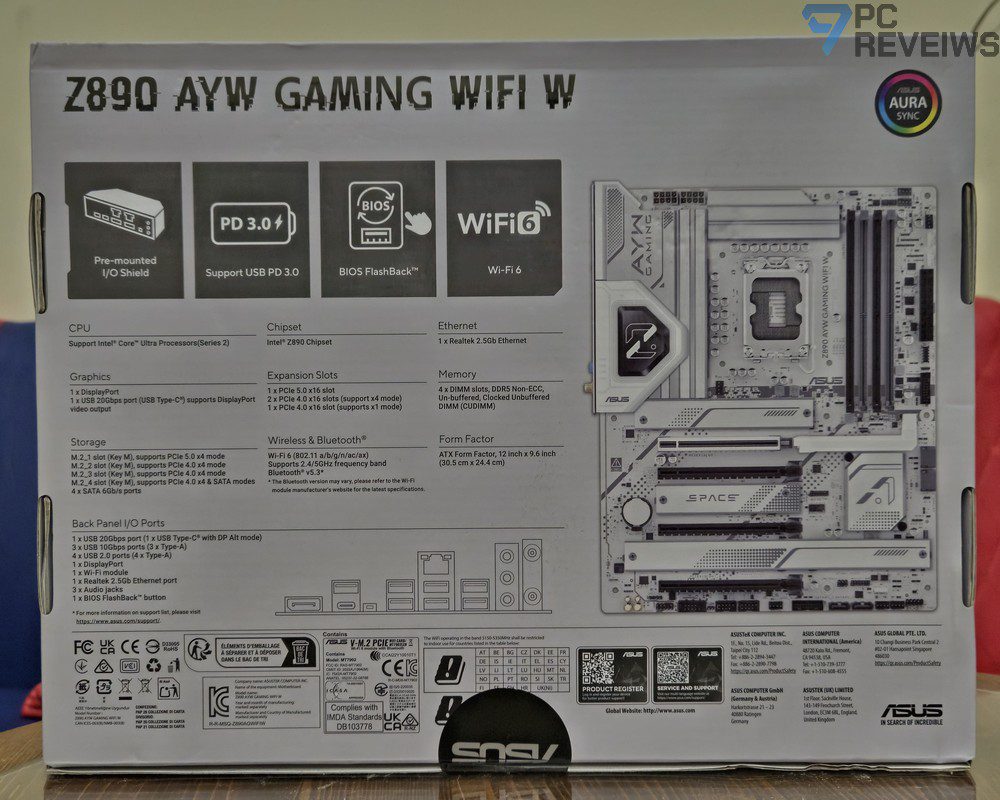 Обратная сторона упаковки ASUS Z890 AYW GAMING WIFI W с основными характеристиками и фирменными технологиями.