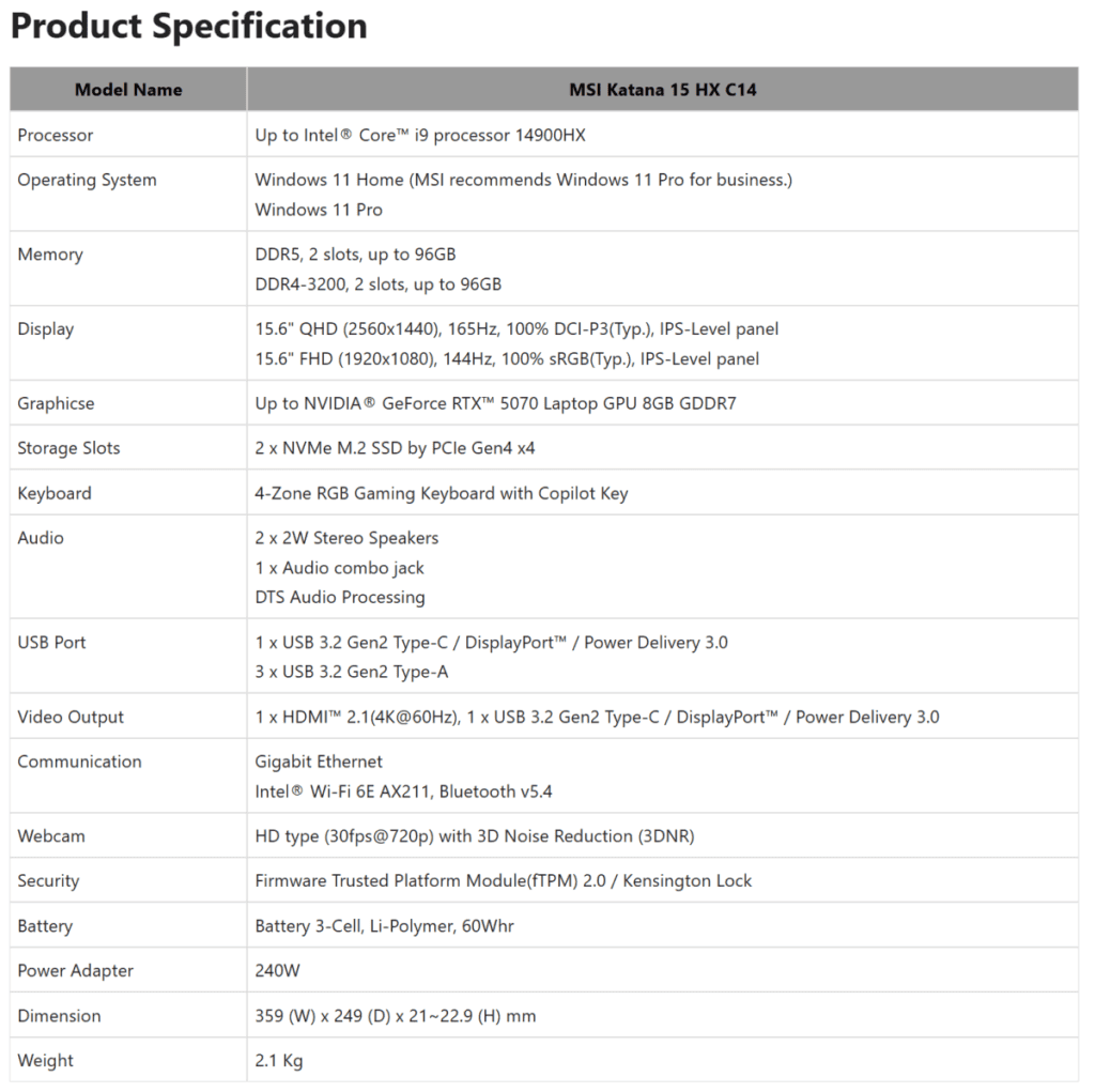 Игровой ноутбук MSI Katana 15 HX с RTX 5070 и DDR4 (характеристики)