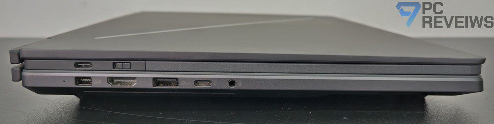 Боковая панель ASUS ROG Zephyrus Duo 2026 с набором интерфейсов, разъёмом питания и органами управления.
