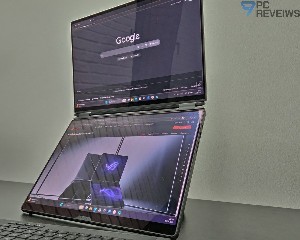 Два OLED-дисплея ASUS ROG Zephyrus Duo 2026, работающие одновременно в различных режимах отображения.