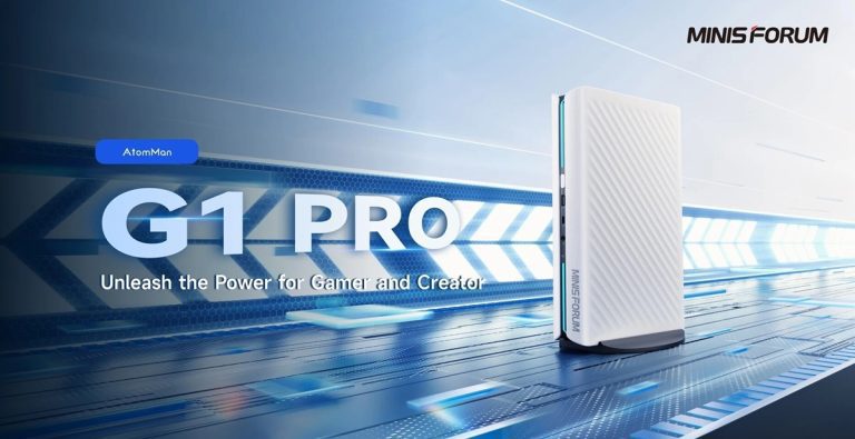 Белый мини-ПК Minisforum AtomMan G1 Pro с RGB-подсветкой и волнистым узором на корпусе