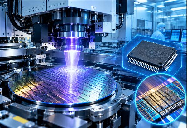 Кремниевая пластина с чипами DRAM на фоне производственной линии CXMT