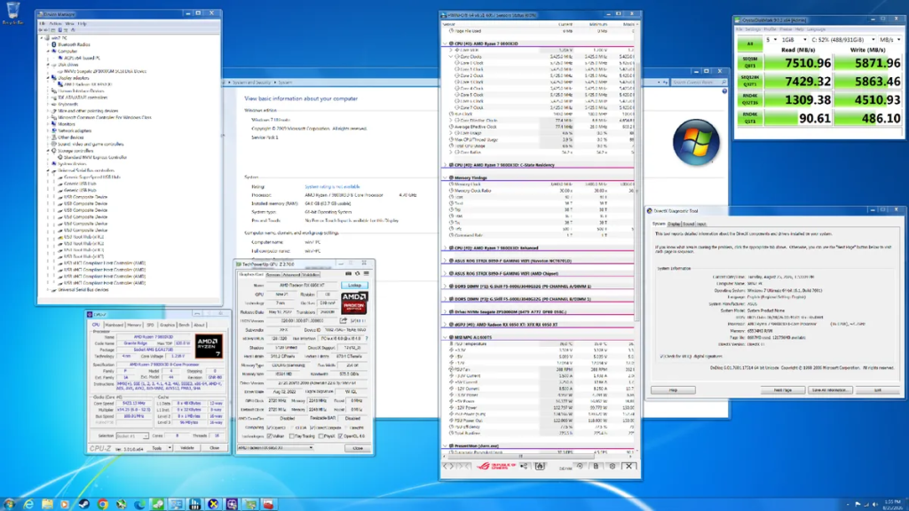 Windows 7 и Windows 11 на экране рядом с графиком кадровой частоты