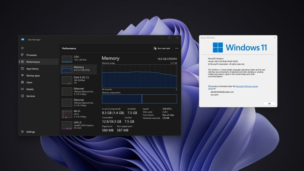 Диспетчер задач Windows 11 с графиком использования оперативной памяти на ноутбуке